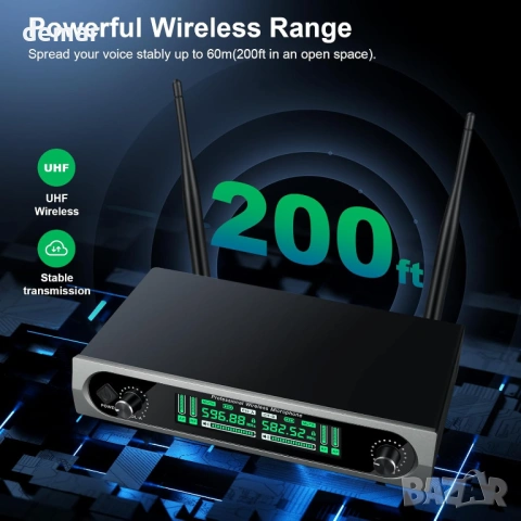 Безжична UHF микрофонна система с два динамични микрофона, до 60 м, снимка 2 - Микрофони - 53645861