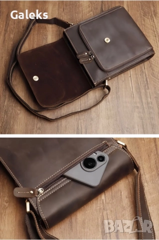 Луксозна кожена чанта за през рамо/ Кавалер • Кафява Crazy Horse естест. кожа!!, снимка 4 - Чанти - 50309158