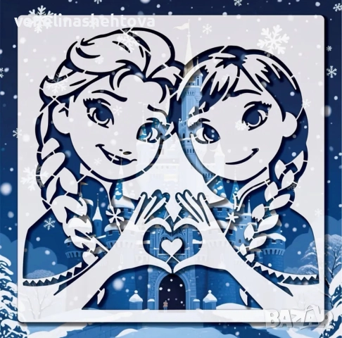 Елза и Ана голям шаблон стенсил за декорация на торта скрапбукинг текстил дърво 