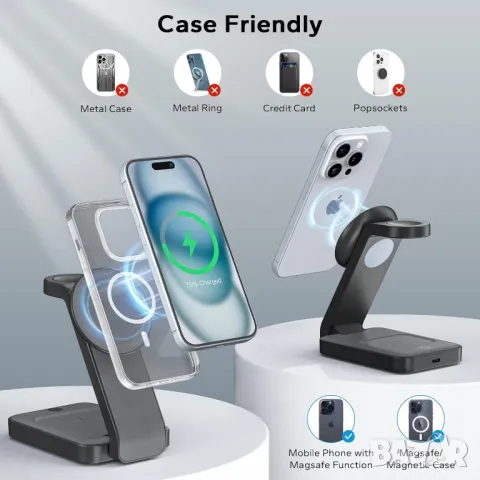 3-в-1 Безжична станция за зареждане с MagSafe iPhone 16/15/14/13, снимка 4 - Безжични зарядни - 49882278