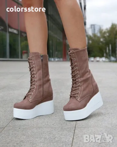 Боти на платформа - кафяв велур с бяло ходило - VP1, снимка 2 - Дамски боти - 36119546