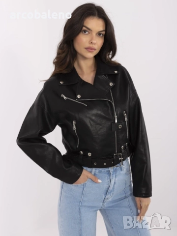 Черно дамско байкерско яке с колан , снимка 4 - Якета - 51746647