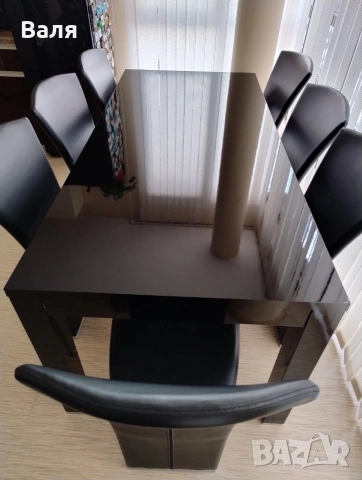 МДФ маса черен лак + 8 бр.черни стола еко кожа