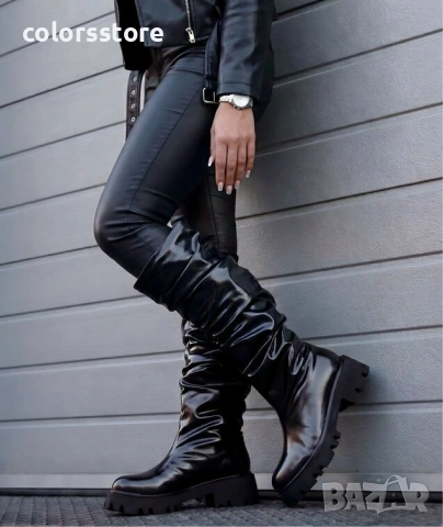 Равни ботуши - черна лъскава кожа - DR808 