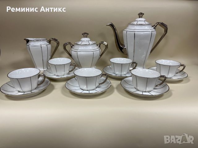 Порцелан, "Лимож" сервиз за чай в бяло и сребърно, стил Арт Деко.
