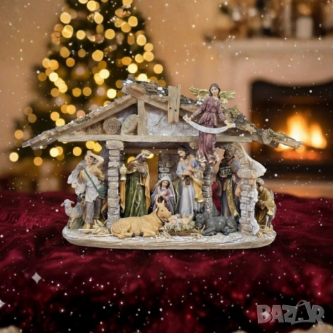 Декоративна сцена на Рождество с дървена постройка и фигурки – Светото семейство и ангел GLORIA, снимка 5 - Други стоки за дома - 52134352