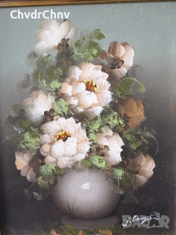 36х31см/малка картина масло върху платно/натюрморт ваза с цветя/барокова дървена рамка, снимка 2 - Картини - 50823426