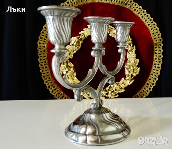 Троен свещник,свещник тройка от калай,Art Nouveau. , снимка 2 - Антикварни и старинни предмети - 52504488