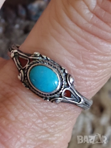 Стар сребърен пръстен с тюркоаз, снимка 4 - Пръстени - 53888194