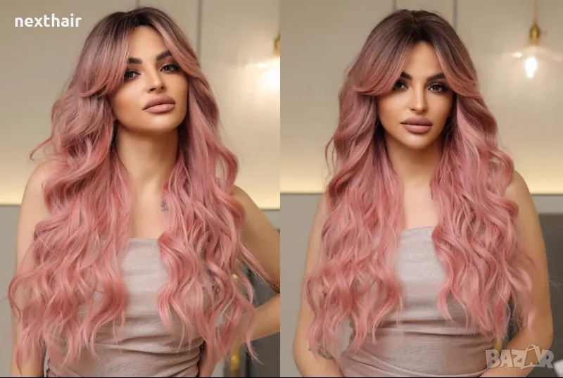 Розова омбре чуплива перука с дълъг бретон и тъмни корени, снимка 1