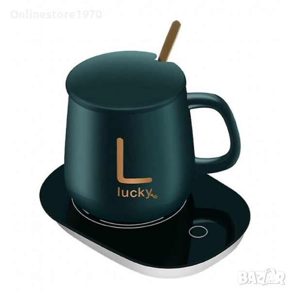 Керамична чаша с нагревател и лъжичка Лъки , снимка 1