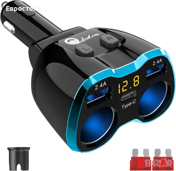 Qidoe Двойно USB зарядно за кола за запалка, 80W 2-гнездов 24V адаптер за кола с 5,8A, USB C, снимка 1