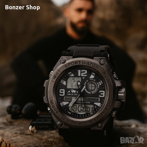 Спортен аналогово-дигитален мъжки часовник с подсветка, аларма и водоустойчив корпус, снимка 1