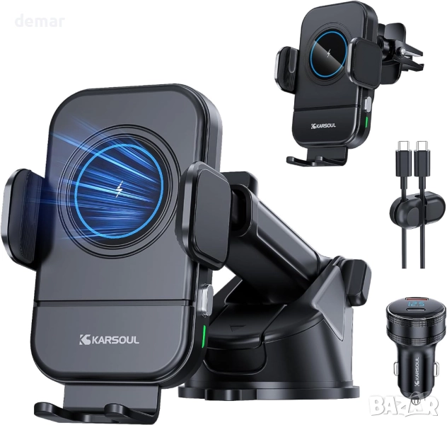 Стойка за телефон за кола, с адаптер за запалка, USB C 80W и QC3.0, снимка 1