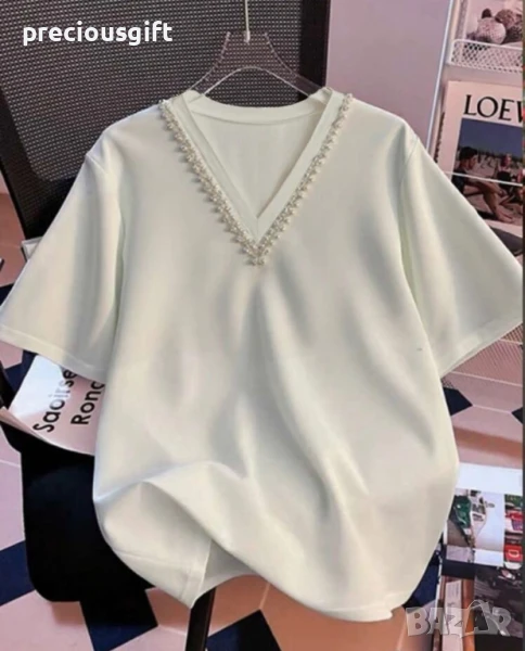 Дамска бяла тениска с перли, снимка 1