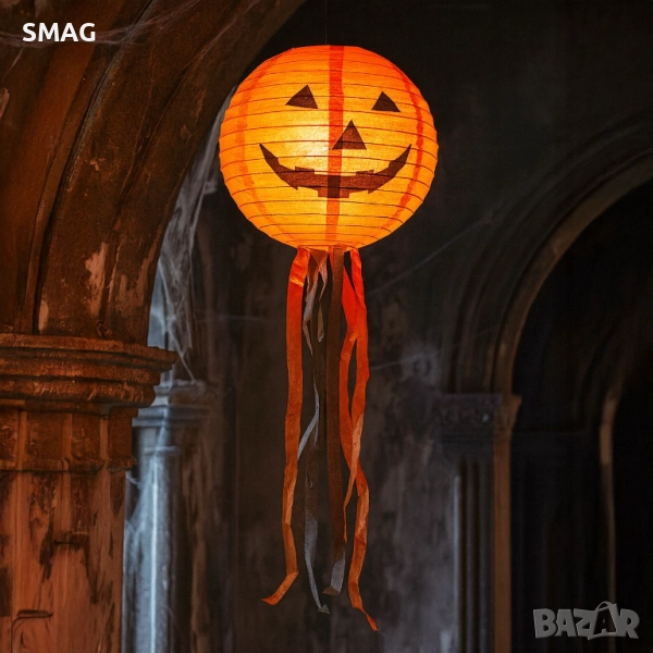 Halloween / Хелоуин хартиена тиква с ресни и LED – Ø30см_1256334, снимка 1