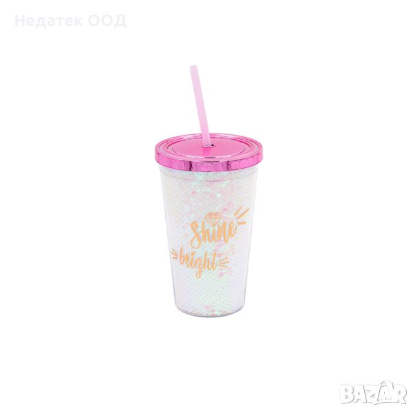 Пластмасова чаша със сламка, холографски пайети, бяла, 500 мл, снимка 1