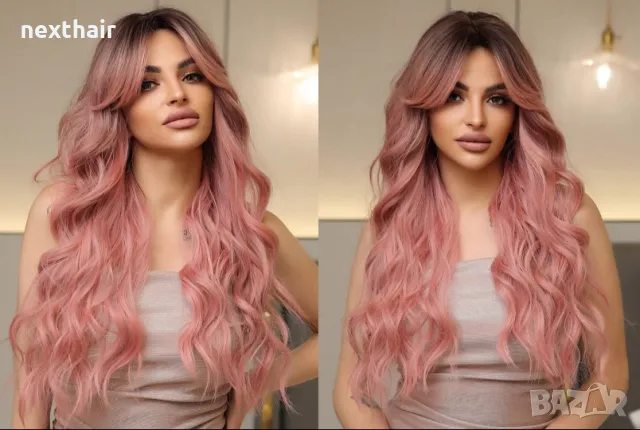 Розова омбре чуплива перука с дълъг бретон и тъмни корени