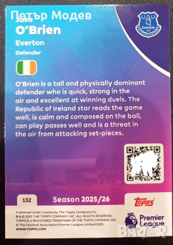 topps card Jake O'Brien season 25/26 , снимка 2 - Колекции - 52529150