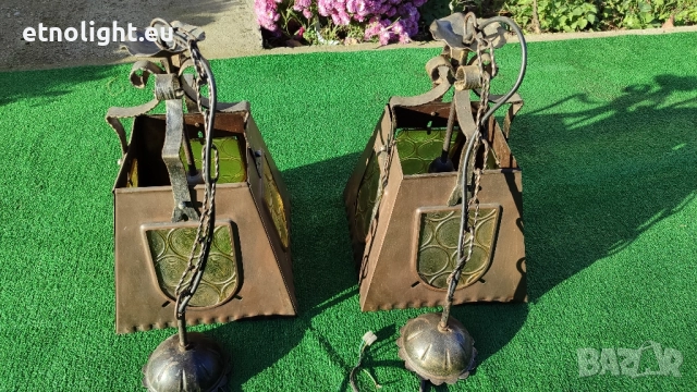 Старинни полилеи съчетание на метални капаци в меден цвят, елементи на ковано желязо и стъкла, снимка 9 - Полилеи - 52541226