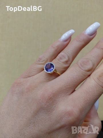 Златен пръстен с ДИАMAНТИ и ТАНЗАНИТ, снимка 4 - Пръстени - 53964603