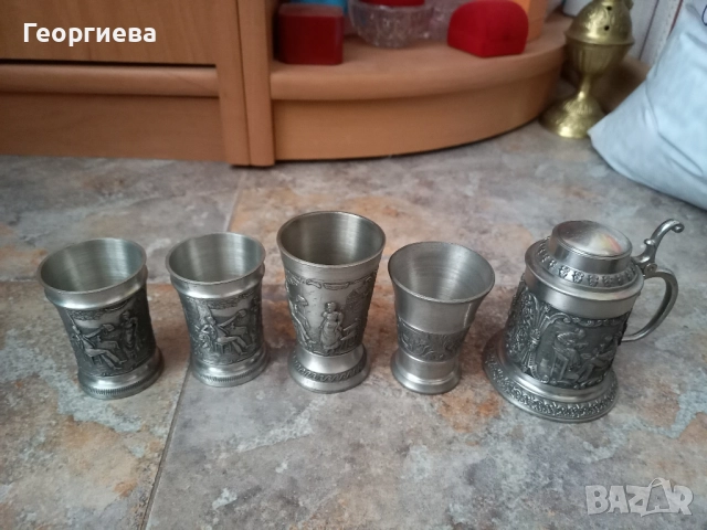 Оловно-цинкови немски чашки и малка халба, снимка 4 - Антикварни и старинни предмети - 51702934