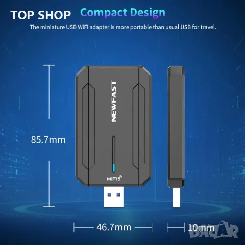 NEWFAST 5400Mbps WiFi Dongle Трибандов USB 3.0 WiFi 6E адаптер, MU-MIMO, WPA3, снимка 6 - Друга електроника - 49509110