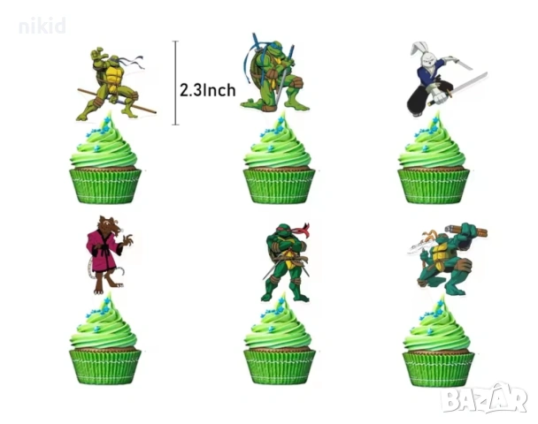 12 бр Костенурките Нинджа къси остри картонени топери за торта мъфини кексчета парти рожден, снимка 2 - Други - 53919173