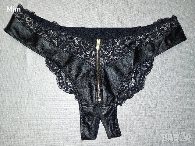 S Черна изрязана бикина от кожа и дантела с отворено дъно , снимка 5 - Бельо - 52668343