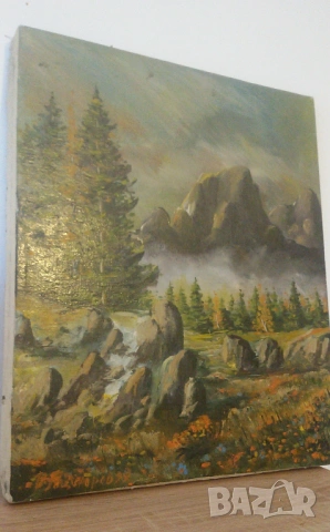 Маслена картина пейзаж с дървета, скали и цветя, снимка 6 - Картини - 53020196