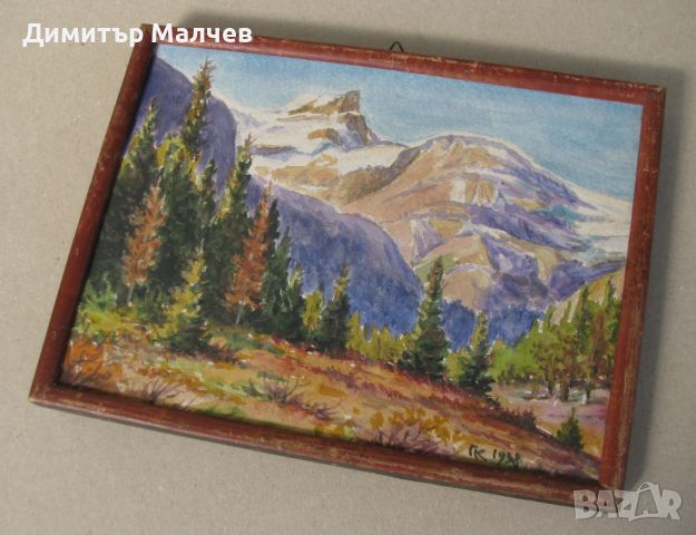 Картина акварел Планински пейзаж 1938 г., Г.К., в рамка 20/26 см, отличен, снимка 2 - Картини - 46422352