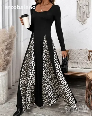 Ликвидация! Дамска рокля с леопардов принт с висока талия и дълъг ръкав - Доставка 24 часа , снимка 3 - Рокли - 50092534