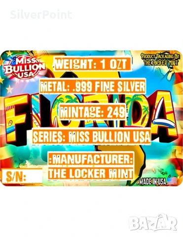 Сребърно кюлче Мис Флорида лимитиран тираж 249 броя , снимка 2 - Нумизматика и бонистика - 51360912