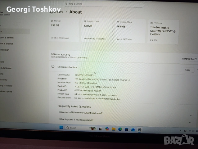 лаптоп asus expert book b1 16Gb ram, снимка 7 - Лаптопи за работа - 53137789