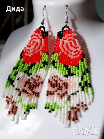 Обеци с мъниста "Българска роза", снимка 3 - Обеци - 53957913