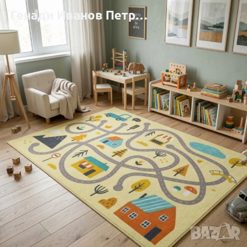 Детски килим за игра 120х160см - Светложълт килим с цветни къщички, противоплъзгащ и миещ се, снимка 2 - Други - 53875275