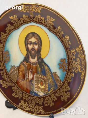 Руска порцеланова декоративна чиния Исус Христос с позлата , снимка 2 - Декорация за дома - 45383317