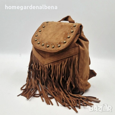 Велурена Дамска Раница с Ресни и Нитове | Бохо Стил, снимка 5 - Чанти - 54208697