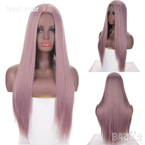 Права перука 80 см в цвят пепел от рози / опушено лилаво, снимка 2 - Аксесоари за коса - 53330436