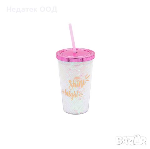 Пластмасова чаша със сламка, холографски пайети, бяла, 500 мл, снимка 1 - Чаши - 45728916