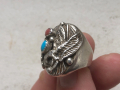 стар дизайнерски сребърен пръстен с тюркоаз и корал, снимка 2
