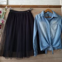 Дънкова риза и черна пола с тюл , снимка 1 - Поли - 45471260