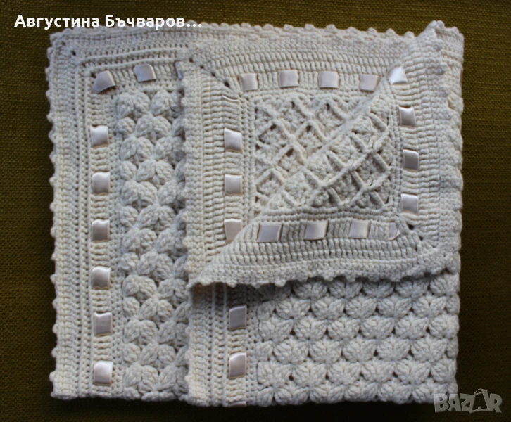 Ръчно плетена вълнена пелена за новородено (90х90), снимка 1
