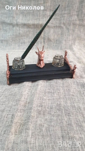 Стара антична мастилница от метал,дърво и кристал, снимка 1