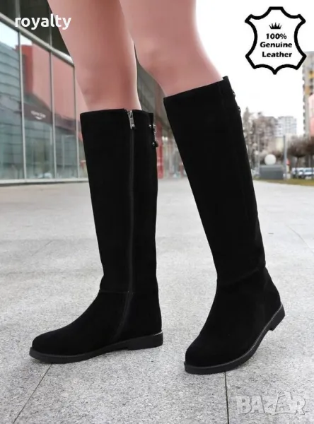 Равни ботуши - черен ЕСТЕСТВЕН велур, снимка 1