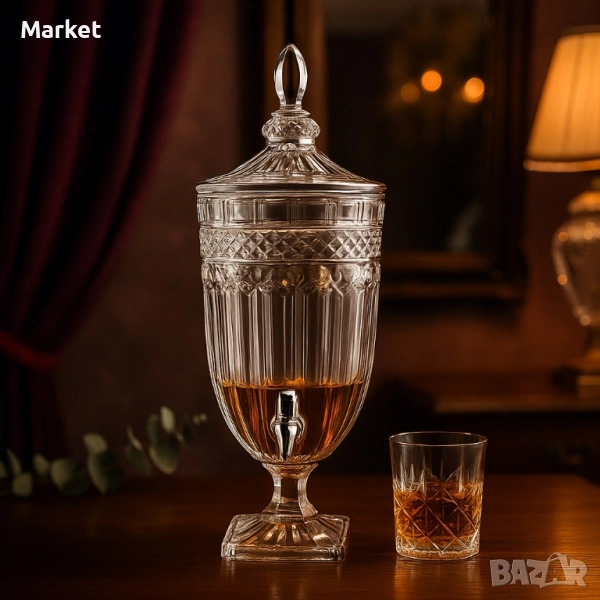 Луксозен стъклен диспенсър за сок и напитки 3L с капак и кранче, снимка 1