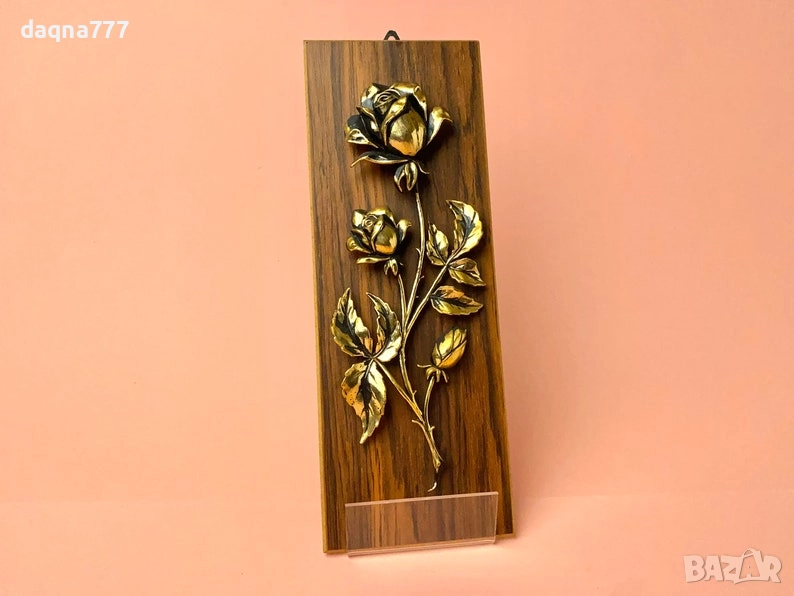 Винтидж стенна картина  дървесен панел с роза, Германия, снимка 1