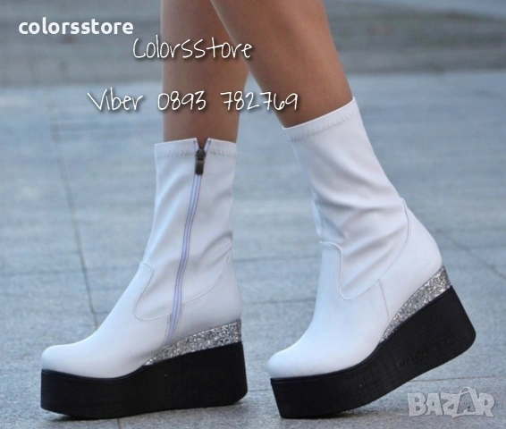 Боти на платформа - бяла кожа с бронз брокат и черно ходило - 121K

