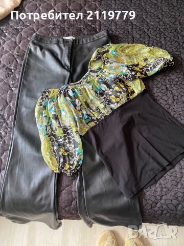 Дамски сет от кожен панталон и блузка, снимка 1 - Панталони - 45506161