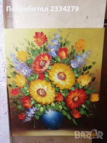 Стара картина,, ВАЗА С ЦВЕТЯ" рисувана на платно, маслени бои, снимка 9 - Картини - 47086100